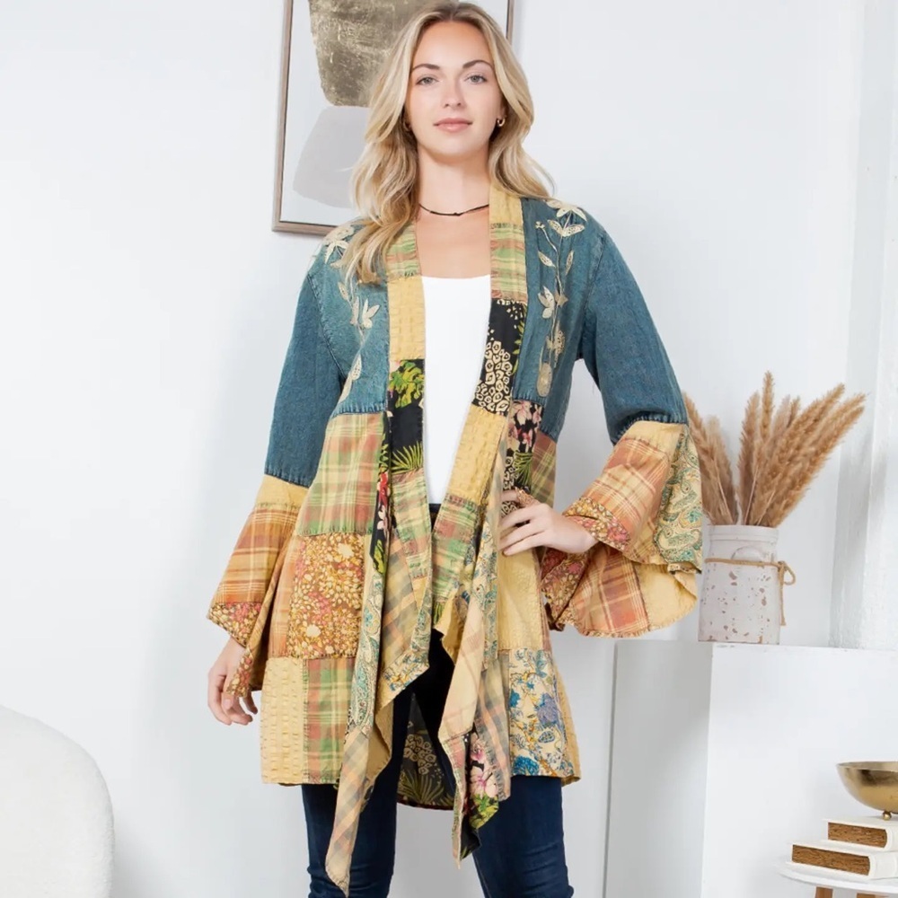 Denim Floral patchwork stitched embroidered pocketed kimono bohemian cardigan